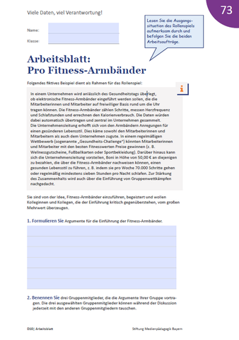 Arbeitsblatt: Viele Daten, viel Verantwortung! Arbeitsblatt: Pro Fitness-Armbänder