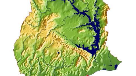Karte: Landkarte Ghana (Staatsgrenzen und Hauptstadt): farbkodierte Topographie, schattiertes Relief