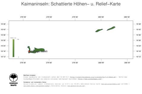 Karte: Landkarte Kaimaninseln (Staatsgrenzen und Hauptstadt): farbkodierte Topographie, schattiertes Relief