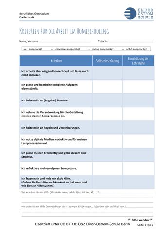 Arbeitsblatt: Kriterien für die Arbeit im Homeschooling