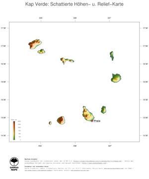Karte: Landkarte Kap Verde (Staatsgrenzen und Hauptstadt): farbkodierte Topographie, schattiertes Relief