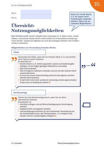 Arbeitsblatt: Fit im Urheberrecht! Arbeitsblatt 1 Übersicht Nutzungsmöglichkeiten