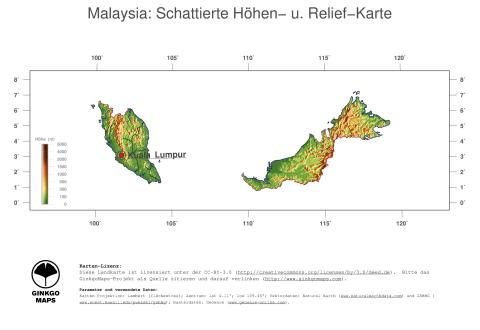 Karte: Landkarte Malaysia (Staatsgrenzen und Hauptstadt): farbkodierte Topographie, schattiertes Relief