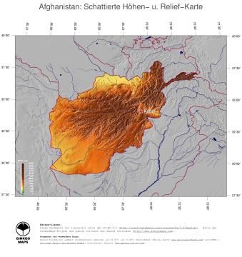 Karte: Landkarte Afghanistan (Staatsgrenzen und Hauptstadt): farbkodierte Topographie, schattiertes Relief
