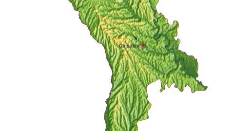 Karte: Landkarte Moldawien (Staatsgrenzen und Hauptstadt): farbkodierte Topographie, schattiertes Relief