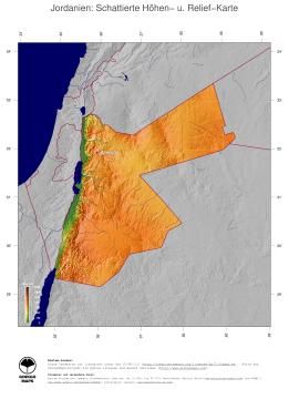 Karte: Landkarte Jordanien (Staatsgrenzen und Hauptstadt): farbkodierte Topographie, schattiertes Relief