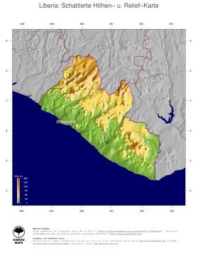 Karte: Landkarte Liberia (Staatsgrenzen und Hauptstadt): farbkodierte Topographie, schattiertes Relief