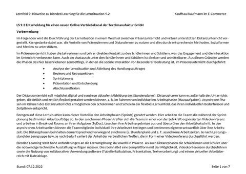 Unterrichtsplanung: LS 9.2 Entscheidung für einen neuen Online-Vertriebskanal | Blended Learning Hinweise