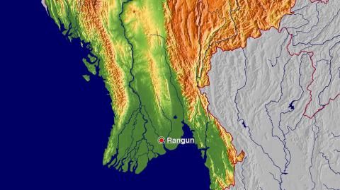 Karte: Landkarte Myanmar (Staatsgrenzen und Hauptstadt): farbkodierte Topographie, schattiertes Relief
