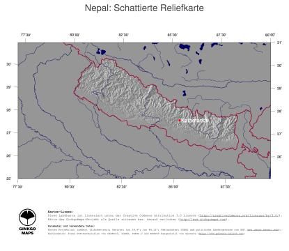 Karte: Landkarte Nepal (Staatsgrenzen und Hauptstadt): schattiertes Relief