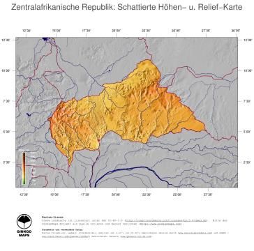 Karte: Landkarte Zentralafrikanische Republik (Staatsgrenzen und Hauptstadt): farbkodierte Topographie, schattiertes Relief