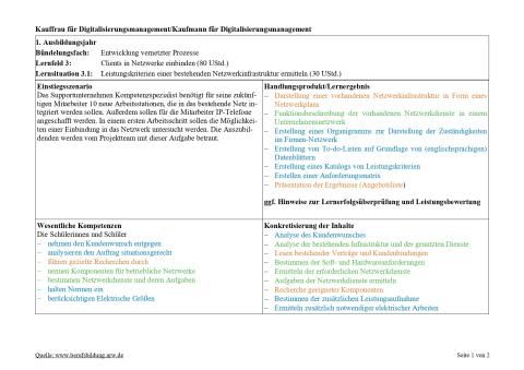 Unterrichtsplanung: Leistungskriterien einer bestehenden Netzwerkinfrastruktur ermitteln