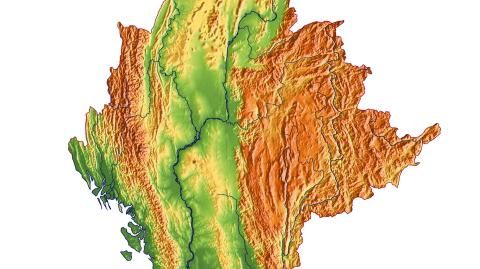 Karte: Landkarte Myanmar (Staatsgrenzen und Hauptstadt): farbkodierte Topographie, schattiertes Relief