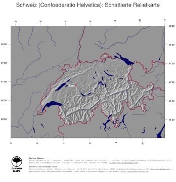 Karte: Landkarte Schweiz (Staatsgrenzen und Hauptstadt): schattiertes Relief