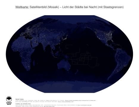 Karte: Weltkarte (Licht der Städte bei Nacht (mit Staatsgrenzen))