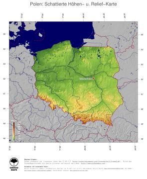 Karte: Landkarte Polen (Staatsgrenzen und Hauptstadt): farbkodierte Topographie, schattiertes Relief