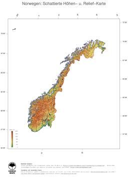 Karte: Landkarte Norwegen (Staatsgrenzen und Hauptstadt): farbkodierte Topographie, schattiertes Relief