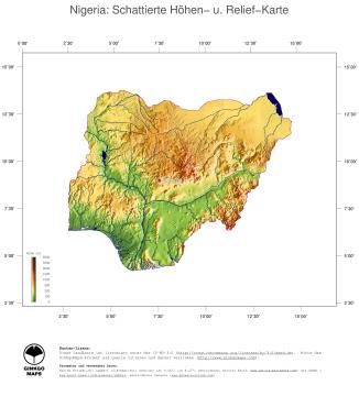 Karte: Landkarte Nigeria (Staatsgrenzen und Hauptstadt): farbkodierte Topographie, schattiertes Relief