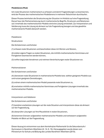 Unterrichtsplanung: Modellieren (Auszug aus dem Kernlehrplan Mathematik)