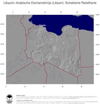 Karte: Landkarte Libyen (Staatsgrenzen und Hauptstadt): schattiertes Relief