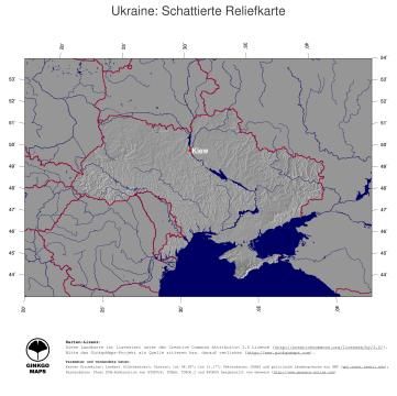 Karte: Landkarte Ukraine (Staatsgrenzen und Hauptstadt): schattiertes Relief