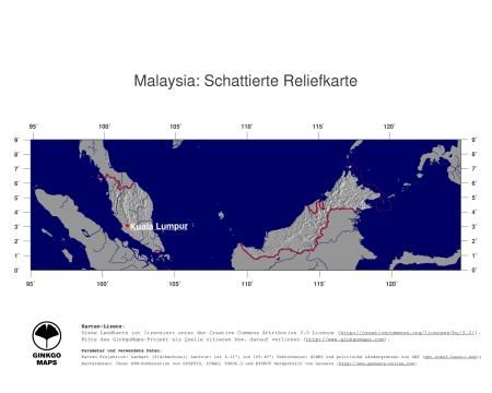 Karte: Landkarte Malaysia (Staatsgrenzen und Hauptstadt): schattiertes Relief