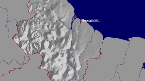 Karte: Landkarte Guyana (Staatsgrenzen und Hauptstadt): schattiertes Relief