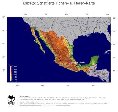 Karte: Landkarte Mexiko (Staatsgrenzen und Hauptstadt): farbkodierte Topographie, schattiertes Relief