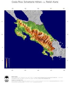 Karte: Landkarte Costa Rica (Staatsgrenzen und Hauptstadt): farbkodierte Topographie, schattiertes Relief