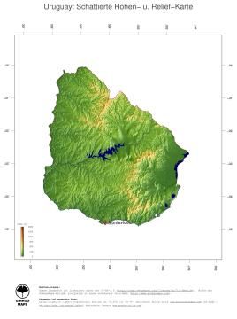 Karte: Landkarte Uruguay (Staatsgrenzen und Hauptstadt): farbkodierte Topographie, schattiertes Relief