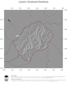 Karte: Landkarte Lesotho (Staatsgrenzen und Hauptstadt): schattiertes Relief
