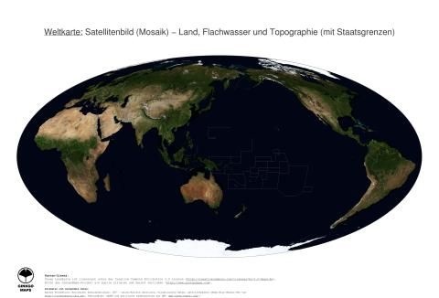 Karte: Weltkarte (Land, Flachwasser und Topographie (mit Staatsgrenzen))