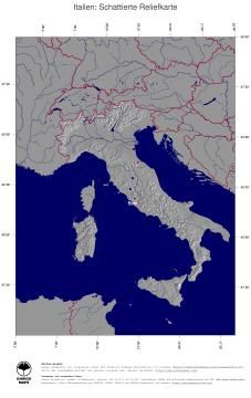 Karte: Landkarte Italien (Staatsgrenzen und Hauptstadt): schattiertes Relief