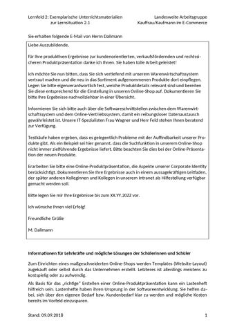 Unterrichtsplanung: LS 2.3a Produktdaten ins Warenwirtschaftssystem einpflegen und bearbeiten | Exemplarisches Unterrichtsmaterial