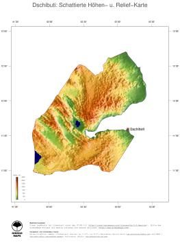 Karte: Landkarte Dschibuti (Staatsgrenzen und Hauptstadt): farbkodierte Topographie, schattiertes Relief