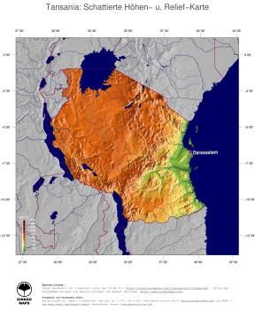 Karte: Landkarte Tansania (Staatsgrenzen und Hauptstadt): farbkodierte Topographie, schattiertes Relief