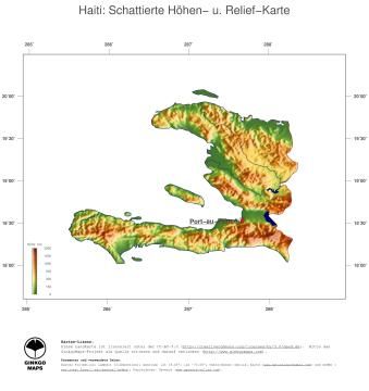 Karte: Landkarte Haiti (Staatsgrenzen und Hauptstadt): farbkodierte Topographie, schattiertes Relief