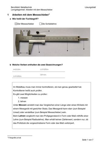 Arbeitsblatt: Arbeiten mit dem Messschieber (Lösung)