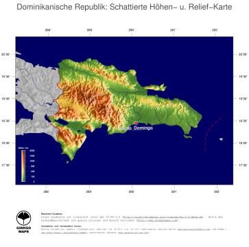 Karte: Landkarte Dominikanische Republik (Staatsgrenzen und Hauptstadt): farbkodierte Topographie, schattiertes Relief