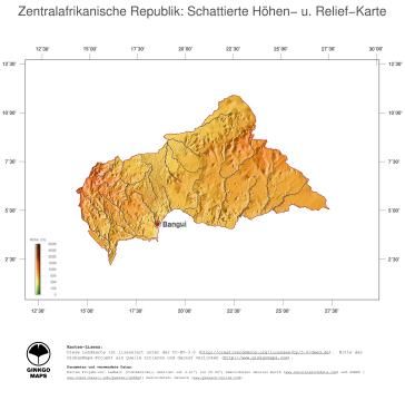 Karte: Landkarte Zentralafrikanische Republik (Staatsgrenzen und Hauptstadt): farbkodierte Topographie, schattiertes Relief