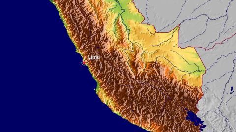 Karte: Landkarte Peru (Staatsgrenzen und Hauptstadt): farbkodierte Topographie, schattiertes Relief