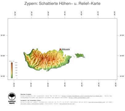 Karte: Landkarte Zypern (Staatsgrenzen und Hauptstadt / schattiertes Relief, farbkodierte Topographie)