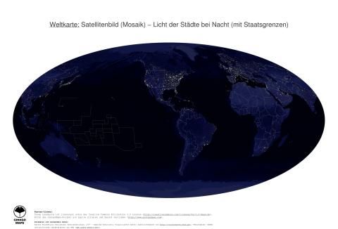 Karte: Weltkarte (Licht der Städte bei Nacht (mit Staatsgrenzen))