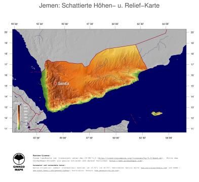 Karte: Landkarte Jemen (Staatsgrenzen und Hauptstadt): farbkodierte Topographie, schattiertes Relief